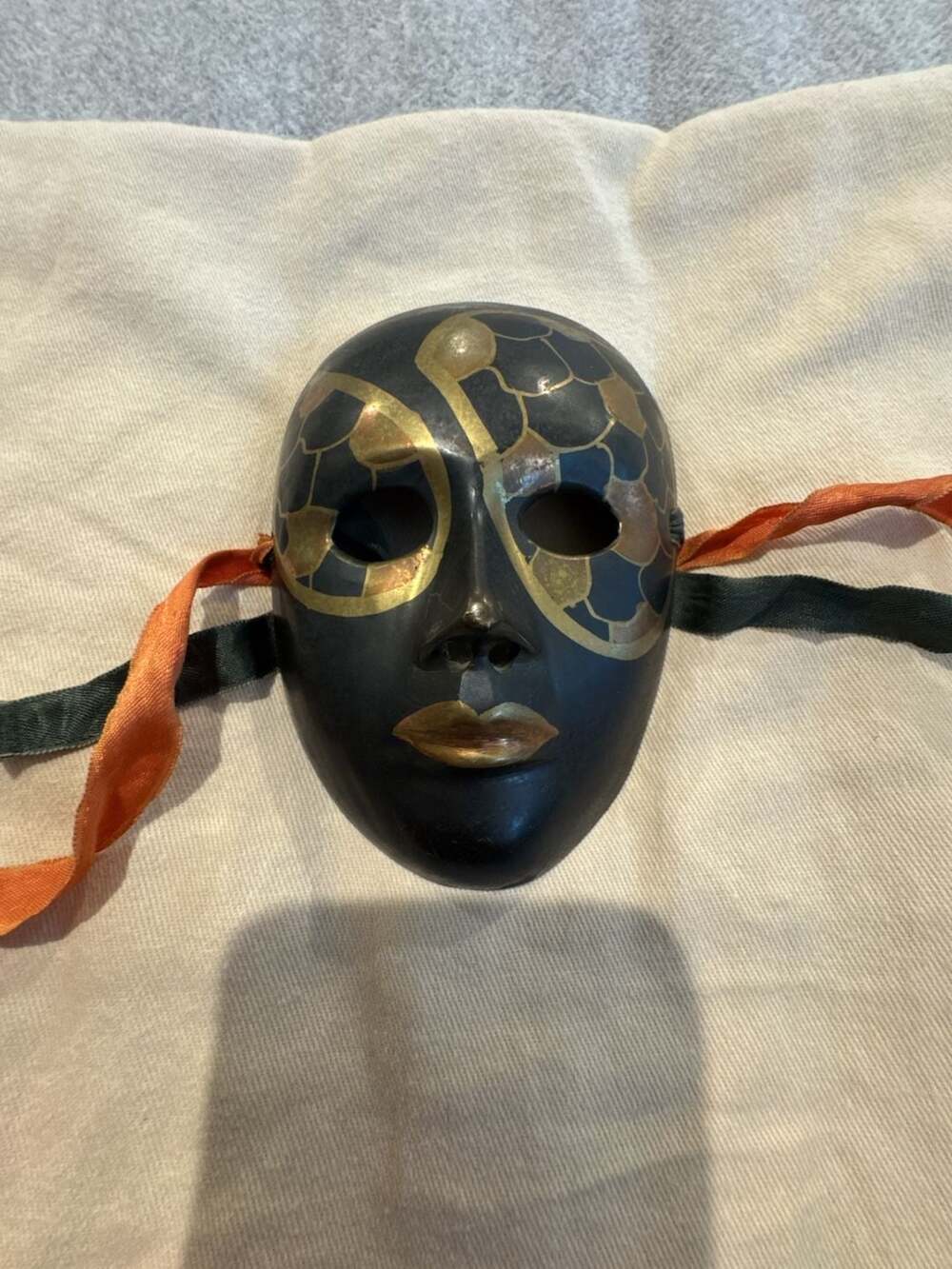 Vintage Hand-Painted Solid Brass Decorative Face Mask with Gold and Black Finish